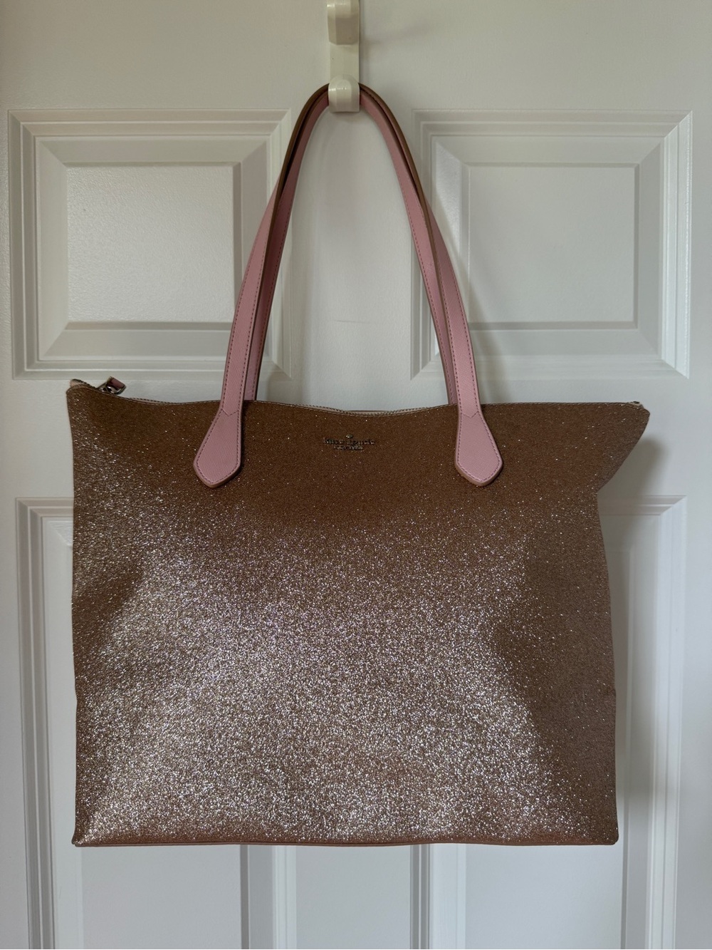 Kate Spade Joeley Rose Gold Glitter Tote with Pink Handles